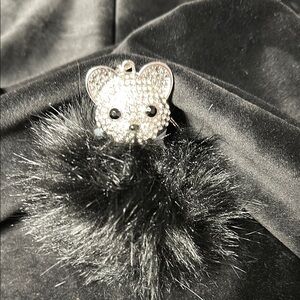 Silver Cat Keychain with Black Fur Pom